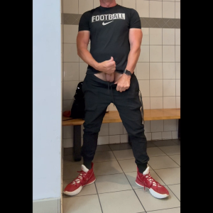 Football Coach DILF JockDad87 is alone in the Locker Room again Shooting a Load