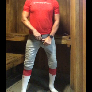 Baseball JockDad87 Shoots a Load of Cum in the Sauna in Mizuno Socks