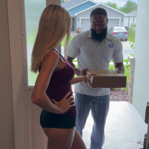 The black delivery guy was invited by a beautiful white blonde